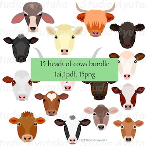 Pacote de 15 cabeças de vaca, ai, pdf, png, ilustração, desenho digital, feito à mão