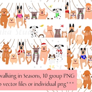 以下が含まれることがあります： さまざまな特徴とアクセサリーを持つ漫画の犬のデジタルイラスト。犬はさまざまな色と品種で描かれており、帽子やスカーフを身に着けているものもいます。「Dogs walking in Seasons, 10 group PNG」というテキストが下にあります。