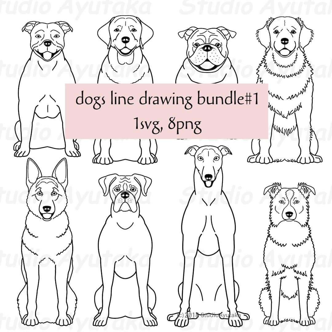 Dogs Line Drawing Bundle#1, Svg, Png, Sitting Dogs, Front View, Full ...