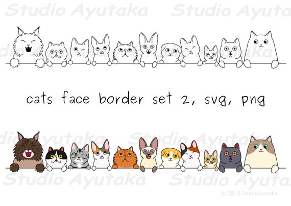 Cats Face Border Set 2 Line Art&color Svg Png - Etsy