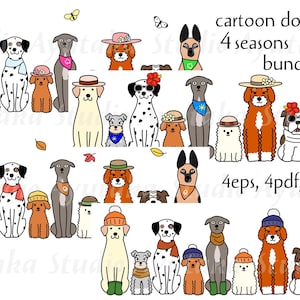 Chiens de dessin animé assis avec des accessoires saisonniers, lot de 4 eps, 4 pdf, 4 png, illustration, dessin numérique, fait main