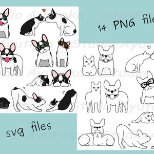 tuxedo cat&french bulldog pair set, color, line art, png, svg, illustration, digital drawing, handmade