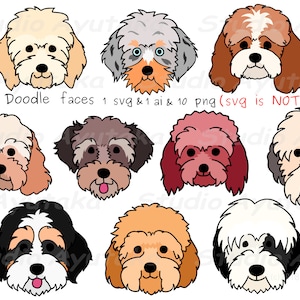 10 doodle breed cartoon dog faces, svg, png, ai, illustration, digital drawing,handmade