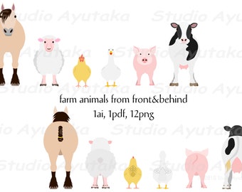 6 farm animals front & back bundle, png, ai, pdf