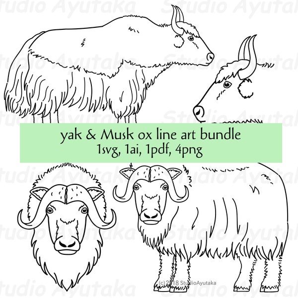 Yak and Musk ox line art bundle, svg, ai, pdf, png