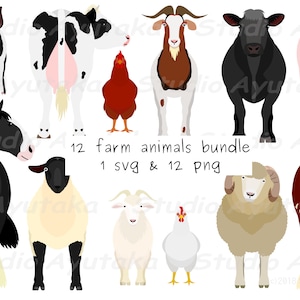 Pacote de 12 animais de fazenda, svg, png, ilustração, desenho digital, feito à mão