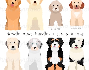 Set of 8 Doodle Breeds Dogs Sitting, svg, png, illustration, digital drawing