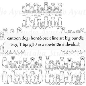 Cartoon Hunde Line Art großes Bündel, 5svg, 116png (10 Reihen und 106 Einzelpersonen), Illustration, digitale Zeichnung, handgefertigt