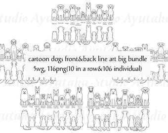 106 Cartoon-Hunde-Illustrationen (Vorder- und Rückansicht), SVG, PNG, digitale Zeichnung, handgefertigt