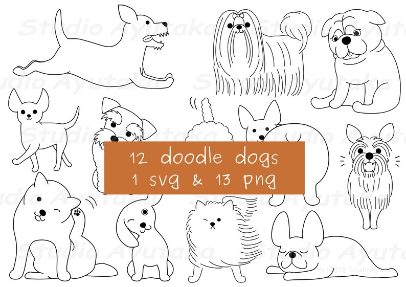 12 Hand Drawn Doodle Dogs Bundle, Svg, Png, Handmade, Illustration ...