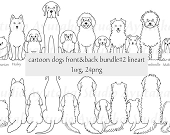 Cartoon-Hunde aus dem Vorder- und Rückseiten-Bundle #2, Strichzeichnungen, SVG, PNG, Illustrationen, digitale Zeichnungen, handgefertigt