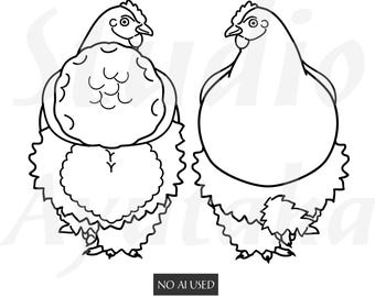 7 Hühner, Vorder- und Rückansicht, Strichzeichnungen, 1 SVG, 14 PNG, Illustration, digitale Zeichnung, handgefertigt