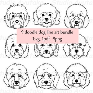 Goldendoodle Gesicht x 9, Strichzeichnungsset, SVG, PDF, PNG, handgefertigt, Illustration, digitale Zeichnung