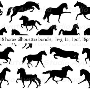 Pacote de 18 silhuetas de cavalos em movimento, svg, ai, png, pdf, ilustração, desenho digital, feito à mão