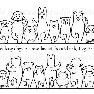 Cartoon honden die van voor- en achterkant lopen, lineart, svg, png, illustratie, digitale tekening, handgemaakt