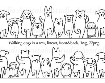 Cartoon-Hunde laufen von vorne und hinten, Lineart, SVG, PNG, Illustration, digitale Zeichnung, handgefertigt