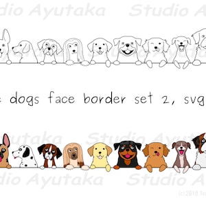Large dogs face border set 2, line art & color, svg, png, handmade, illustration, digital drawing