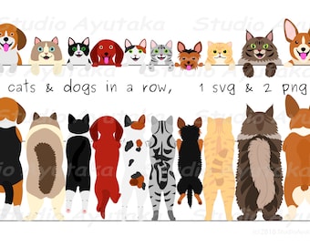 gatos e cachorros em fila, na frente e atrás, svg, png, ilustração, desenho digital, feito à mão