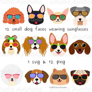12 small dog faces wearing sunglasses, svg, png