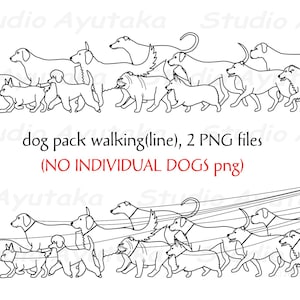 以下が含まれることがあります： リードにつながれた犬の群れが歩いている線画イラスト。犬はすべて異なる品種とサイズで、すべて前を向いています。イラストは白黒で、白い背景に描かれています。画像の下部には「dog pack walking(line), 2 PNG files (NO INDIVIDUAL DOGS png)」というテキストがあります。