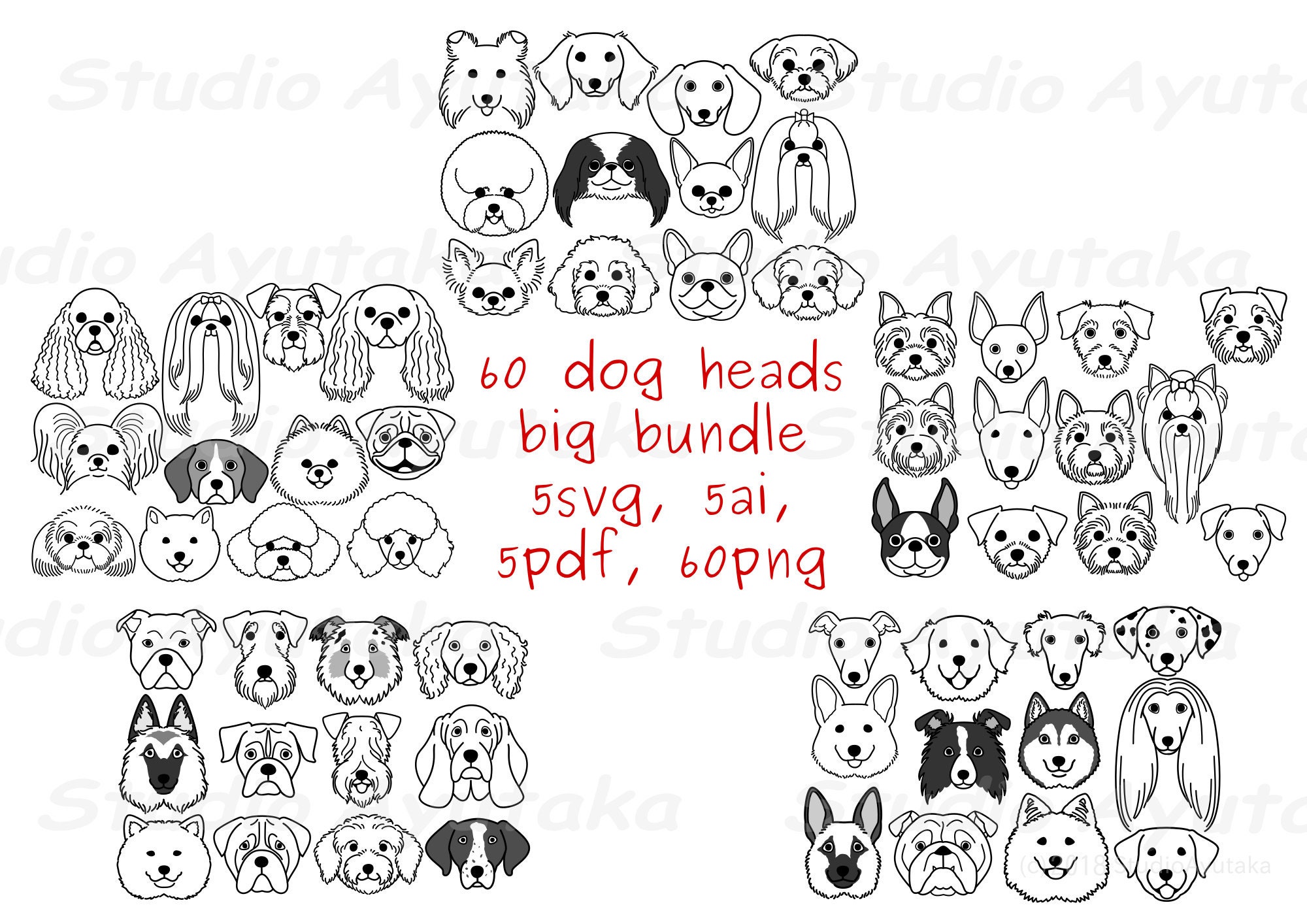 60 Dog Faces Lineart Big Bundle Svg Ai Pdf Png Etsy