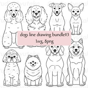 chiens dessin au trait bundle#3, svg, png, chiens assis, vue de face, pleine longueur, dessin au trait, groupe de chiens, fait à la main, illustration, dessin numérique