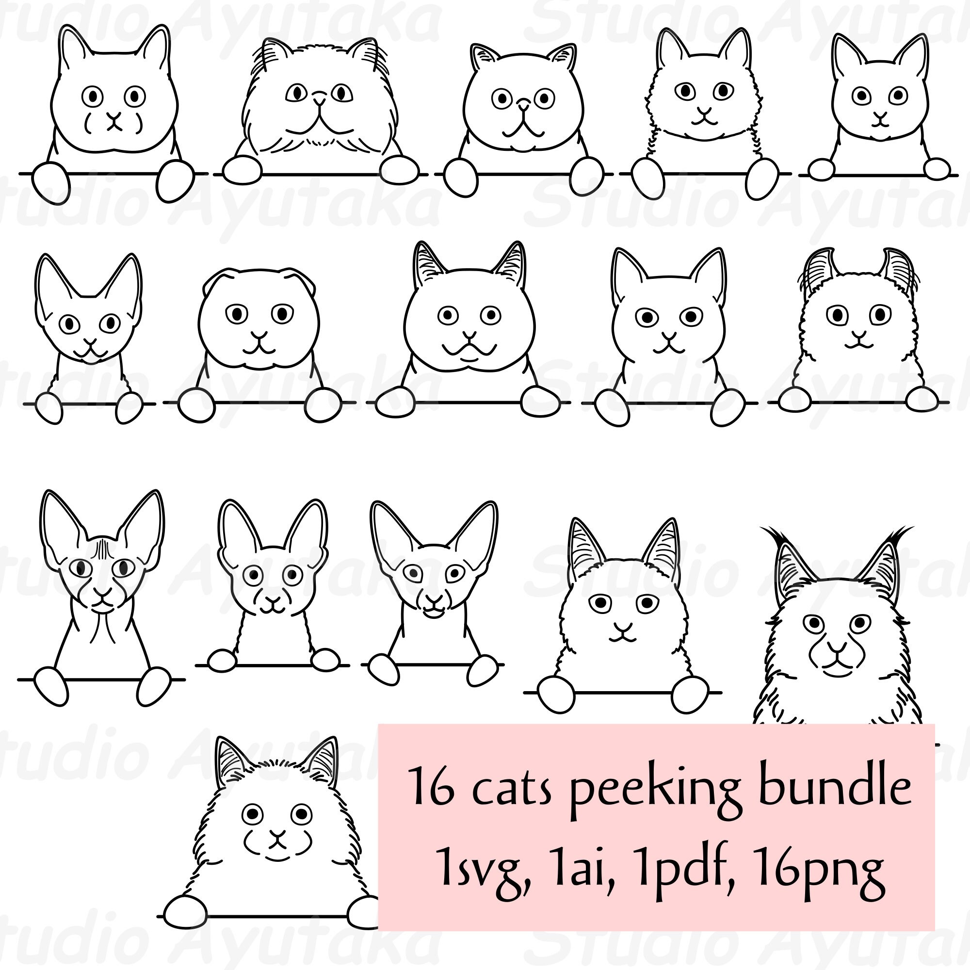 16 cats peeking line art bundle, svg, ai, pdf, png