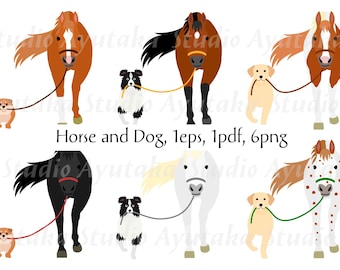 Pferd und Hund Set / Hund führendes Pferd Bundle, eps, pdf, png, Illustration, digitale Zeichnung, handgefertigt