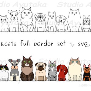 cats & dogs full border set 1, line art and color, svg, png, illustration, digital drawing, handmade