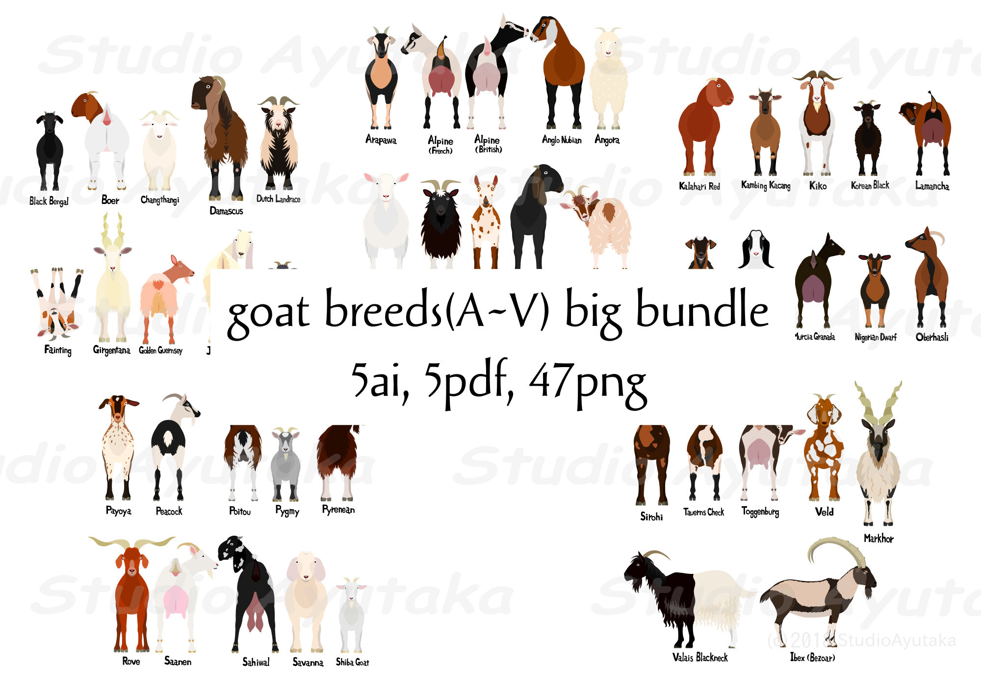 Bundle of 47 Breeds Goats Cliparts - Hand-drawn Digital Art, Png