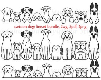 Cartoon-Lineart-Hunde, sitzend und lugend – Paket – Handgezeichnetes Clipart-Set (SVG, PDF, PNG)
