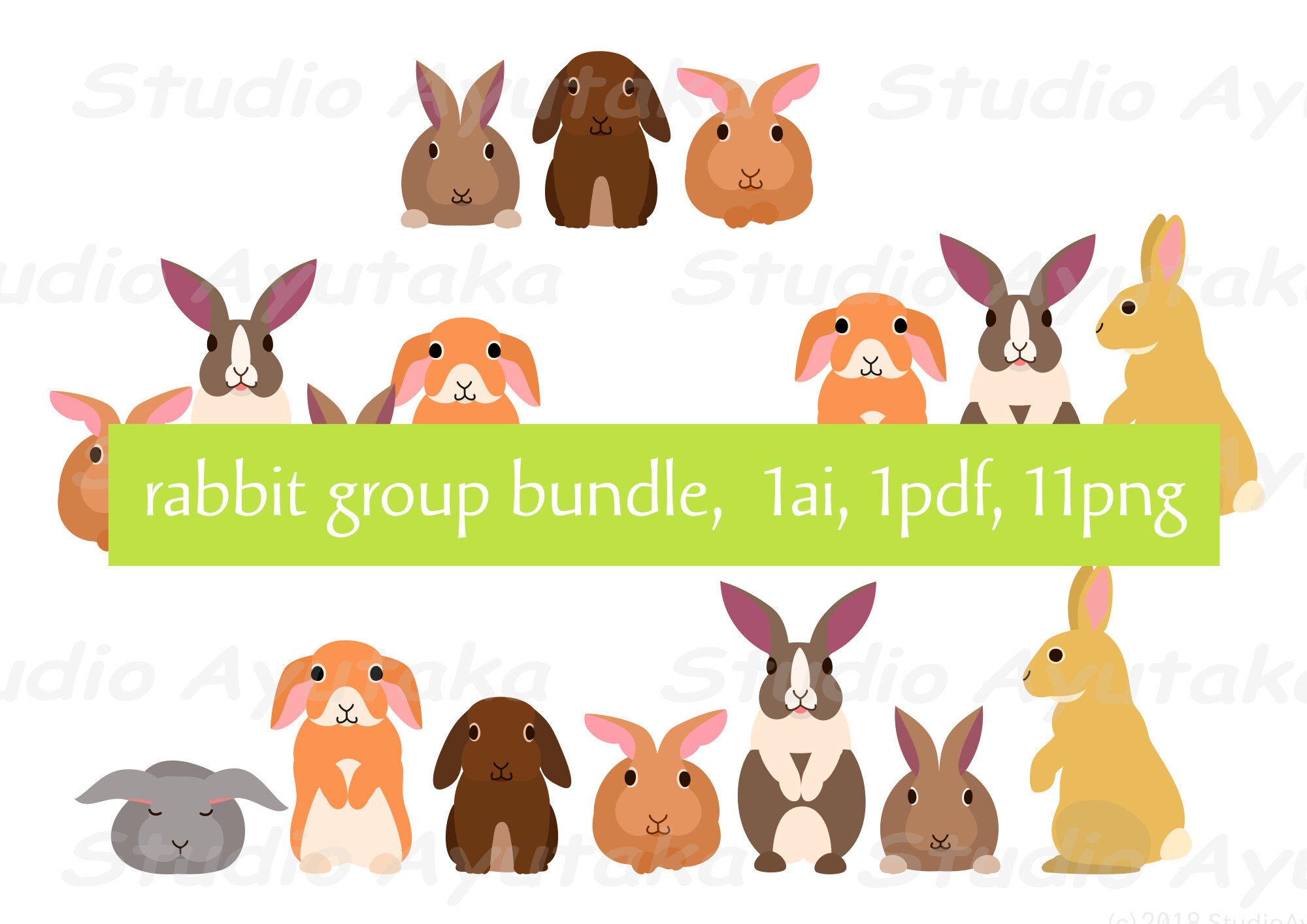 pacote de grupo de coelhos, ai, pdf, png, ilustração, desenho digital, feito à mão
