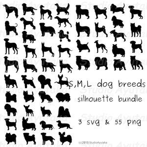 55 Hunderassen Silhouette großes Bündel, SVG, PNG, Illustration, digitale Zeichnung, handgefertigt
