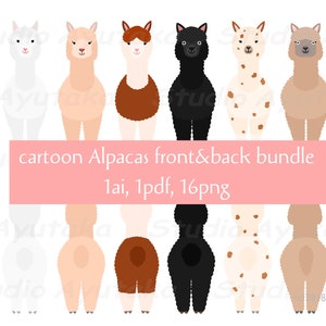 cartoon Alpaca's voor- en achterbundel, 1ai, 1pdf, 16png, illustratie, digitale tekening, handgemaakt