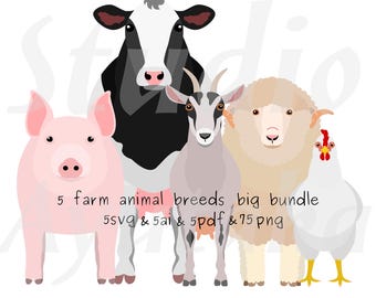 Bundel met 75 clipartafbeeldingen van boerderijdieren - Handgetekende SVG-, AI- en PNG-bestanden, svg, ai, pdf, png, illustratie, digitale tekening, handgemaakt