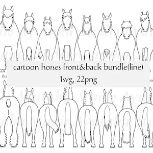cartoonpaarden uit voor- en achterkantbundel (lijn), ai, pdf, png, illustratie, digitale tekening, handgemaakt