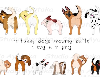 11 lustige Hunde, die Hintern zeigen, SVG, PNG, Illustration, digitale Zeichnung, handgefertigt