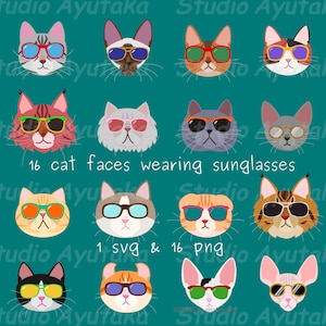 16 cat faces wearing sunglasses bundle, svg, png, illustration, digital drawing, handmade