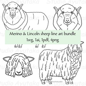 Merino&Lincoln Schaf Line Art Design, SVG, Ai, PDF, PNG, Illustration, digitale Zeichnung, handgefertigt