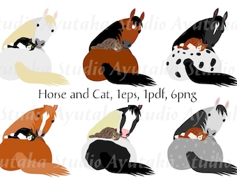 Pferd und Katze Set / Katze entspannt auf Pferd Bündel, eps, pdf, png, Illustration, digitale Zeichnung, handgefertigt