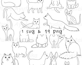 cute homework clipart black and white 18 doodle cats set, ,line art, svg, png