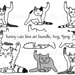 9 divertenti cartoni animati di gatti, in formato SVG, PNG, illustrazione, disegno digitale, fatto a mano