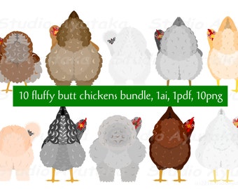 Fluffy butt chicken bundle, 1ai, 1pdf, 10png