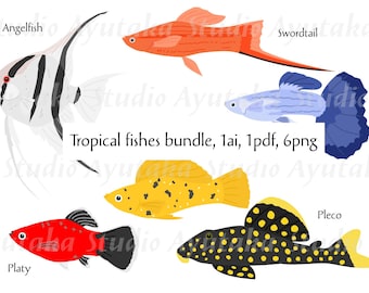 Flesh Water Tropical Pet Fishes Bundle, ai, pdf, png, Illustration, digitale Zeichnung, handgefertigt