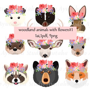 9 Waldtiere mit Blumen#1, 1ai, 1pdf, 9png, Illustration, digitale Zeichnung, handgefertigt