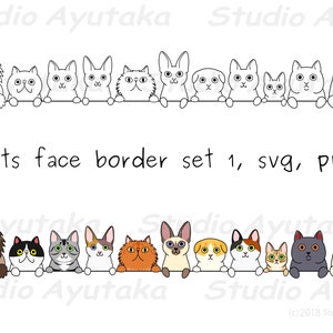 Katzen-Gesichtsrand-Set 1, Strichzeichnungen und Farbe, SVG, PNG, Illustration, digitale Zeichnung, handgefertigt