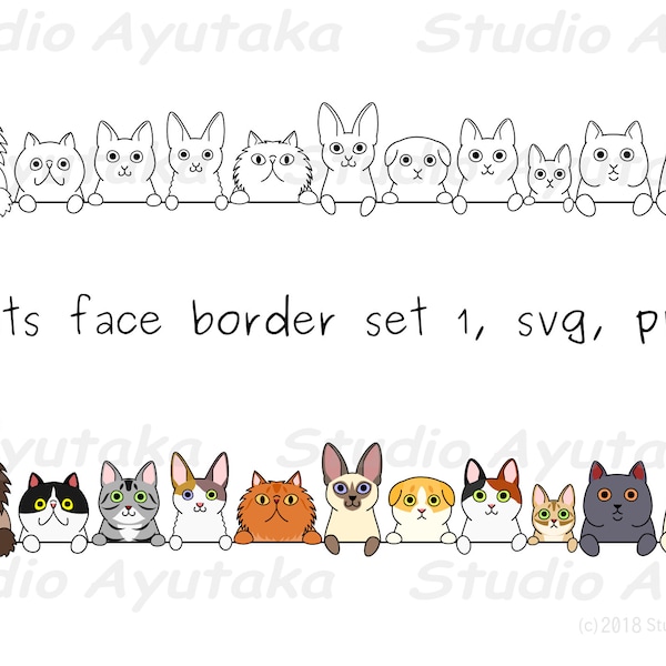 cats face border set 1, line art&color , svg, png