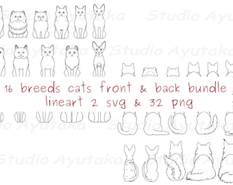 16 breeds cats from front & behind lineart bundle, svg, png, illustration, digital drawing, handmade