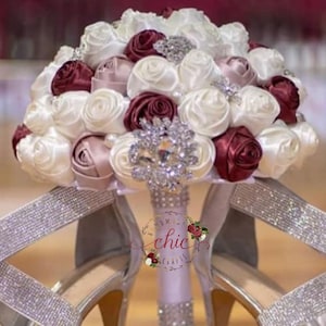 Bridal or Bridesmaid Wedding Bouquet, Dusty Rose Brooch bouquet, Throw bouquets, White Quinceañera bouquet, Satin flowers, bridesmaids gifts