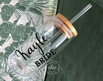 Personalized beer Can Glass with Lid, Iced Coffee Cup With Name, Soda Can Glass with Lid and Glass Straw, Gift for Friends, Bridesmaids Gift
